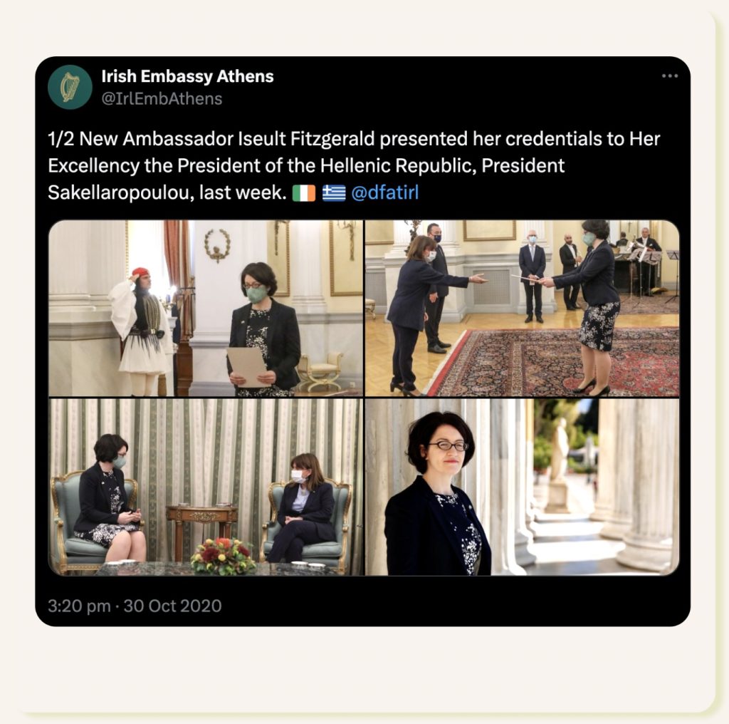 Ambassador Iseult Fitzgerald presented her credentials to Her Excellency the President of the Hellenic Republic, President Sakellaropoulou, Athens October 2020