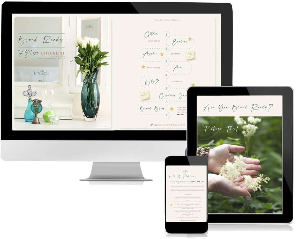 IMAGE of PDF on phone, tablet and desktop. Download 7 Steps to Brand Ready Checklist by Vig Gleeson personal brand consultant and photographer Ireland October 2024