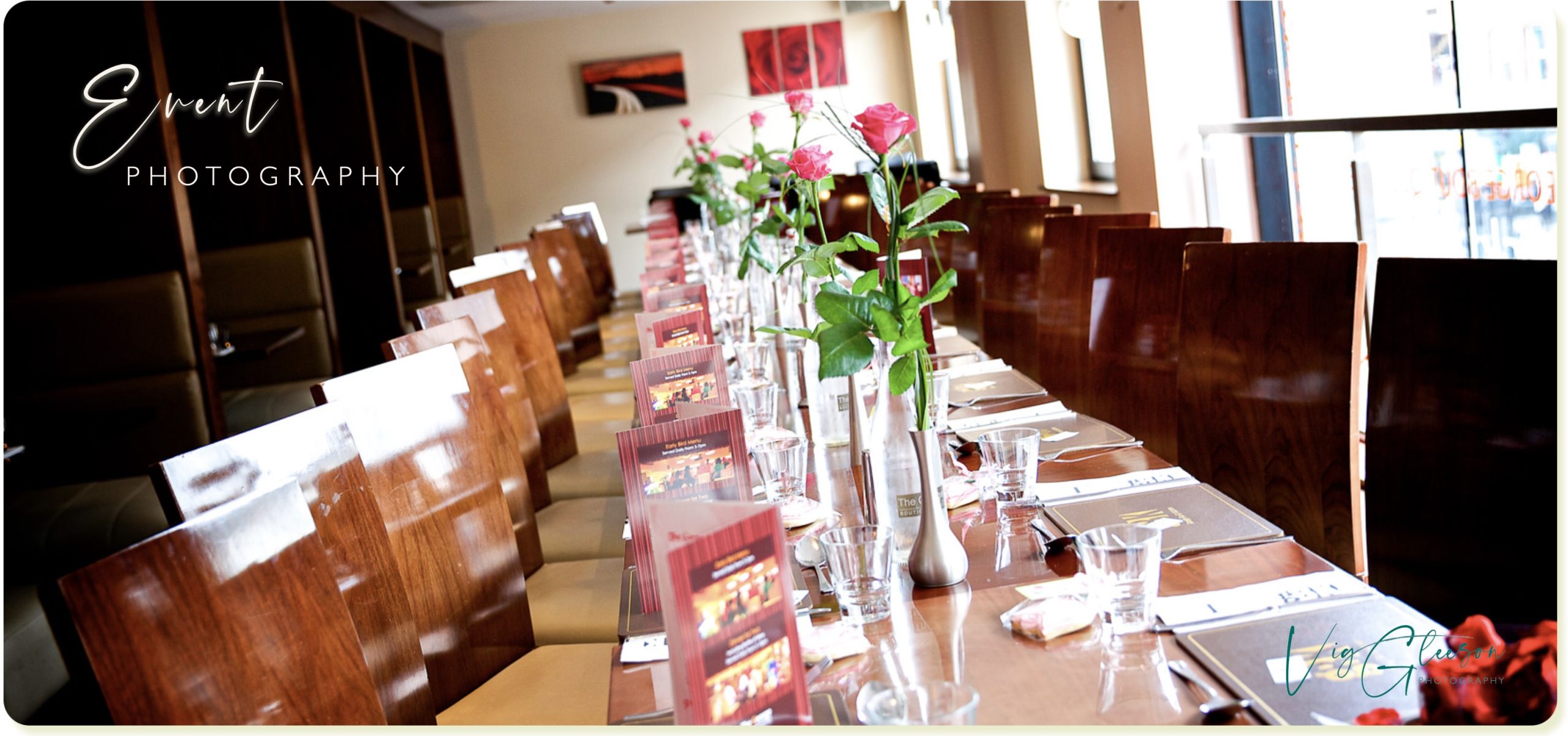 Table setting with pink roses | EVENT PHOTOGRAPHY GALLERY The George Restaurant and Hotel Limerick