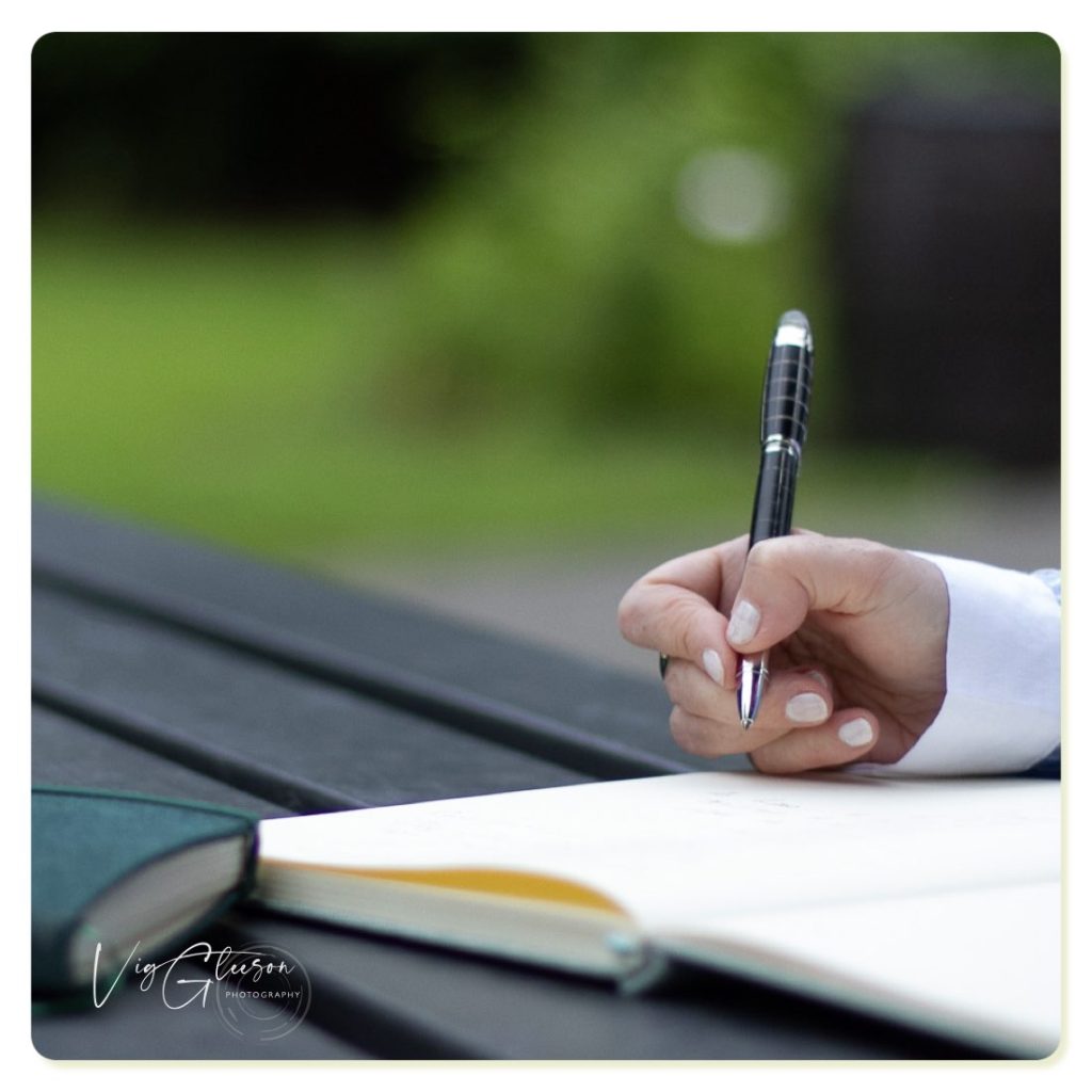 Writing outdoors, garden, Montblanc pen and green journal photographed by Vig Gleeson  Personal Brand Photographer